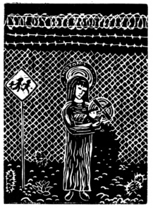 Mary, carrying the Christ child, stands beside a chain link fence that has been cut open.